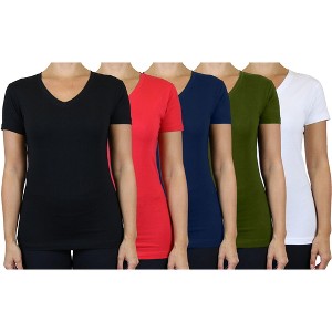 Blu Rock Women's Loose Fit  Short Sleeve V-Neck Cotton Stretch Tees-5 Pack - 1 of 2