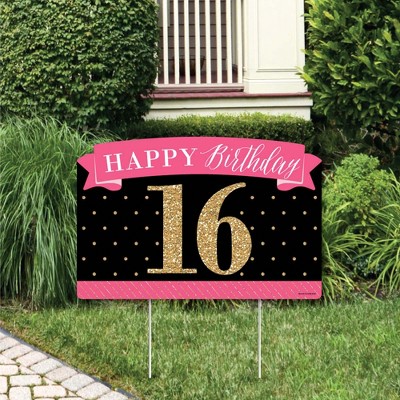 Big Dot of Happiness Chic 16th Birthday - Pink, Black and Gold - Birthday Party Yard Sign Lawn Decorations - Happy Birthday Party Yardy Sign