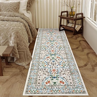 Farmhouse Floral Runner Rug, Washable Thin Low Pile Carpet, Non-Slip Non-Shedding Hallway or Kitchen Floor Mat