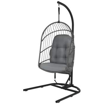 Tangkula Modern Rattan Hanging Egg Swing Chair w/Stand Foldable Cushioned Hammock Gray/Beige