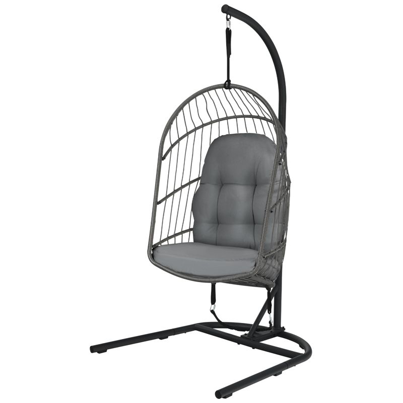 Tangkula Modern Rattan Hanging Egg Swing Chair w/Stand Foldable Cushioned Hammock Gray/Beige, 1 of 9