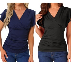 INSPIRE CHIC Women's Summer V Neck Ruffle Sleeve Casual Faux Wrap Blouse 2 Packs - 1 of 4