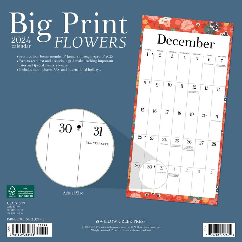 Willow Creek Press 2024 Wall Calendar 12&#34;x12&#34; Big Printed Flowers, 2 of 4
