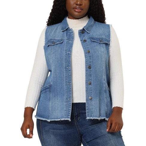 Agnes Women's Plus Size Denim Button Down Raw Hem Jacket Blue 2x :