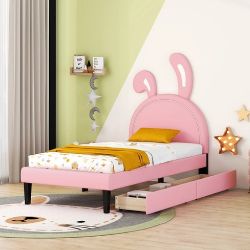 Costway Kids Children PU Upholstered Platform Wooden Princess Bed Bedroom  Furniture Pink 