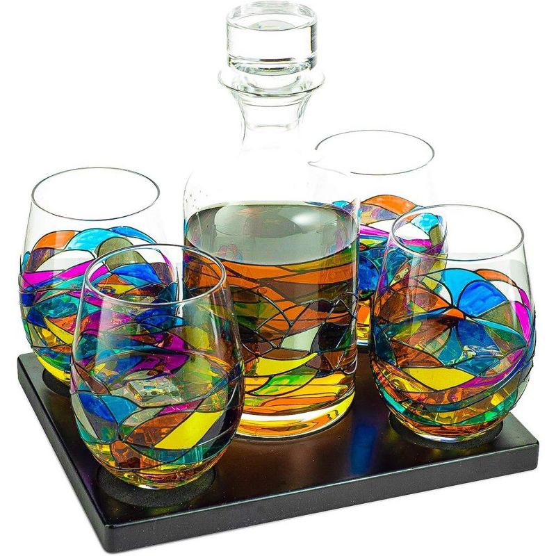 The Wine Savant Beautiful Hand Painted Whiskey & Wine Decanter Set Includes 4 H& Painted Glasses Set on a Wooden Tray - 750 ml, 3 of 7