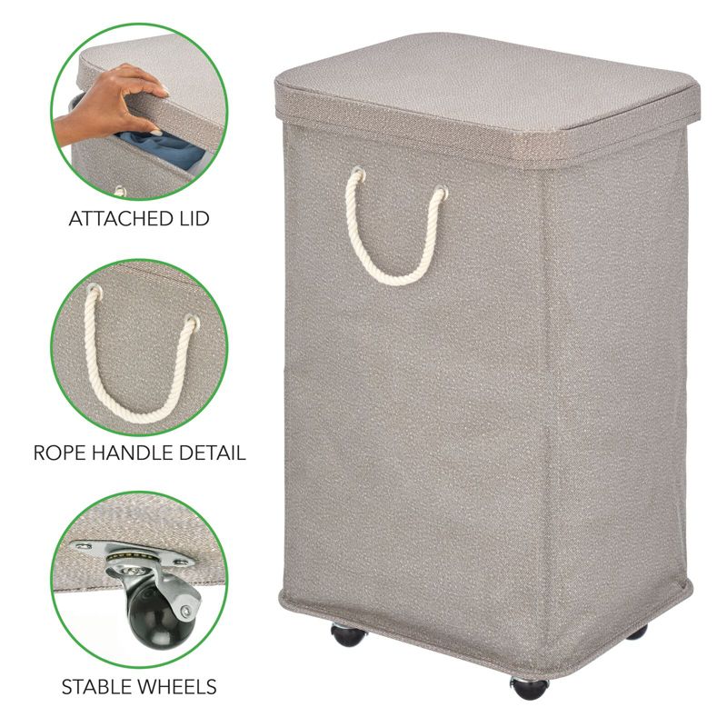 mDesign Large Polyester Rolling Laundry Hamper with Wheels, Lid, and Handles, 3 of 7