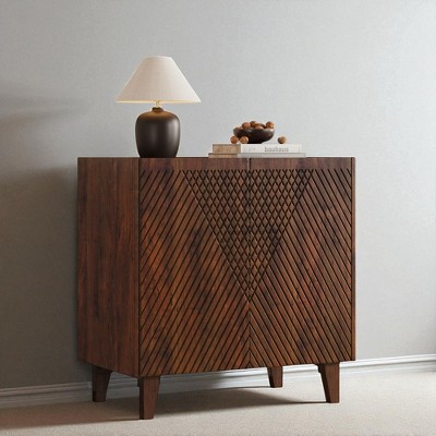 Mango Wood Accent Storage Cabinet with Fluted Doors, Adjustable Shelf, and Tapered Legs, Rustic Solid Wood Sideboard for Living Room, Dining Room