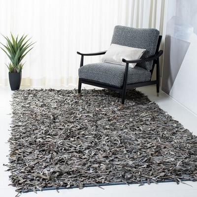 Grey and Beige Hand-Knotted Leather Shag Rug, 3' x 5'