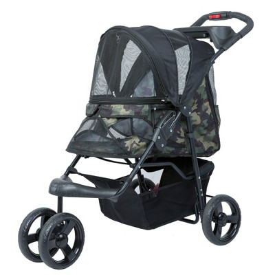PETIQUE Durable Folding 3-Wheel Pet Stroller for Dogs & Cats with Mesh Sides, Storage Pockets, Cupholders, and Washable Pad, Green Camo