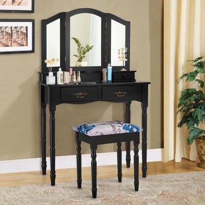 Costway Black Tri Folding Mirror Vanity Makeup Table Stool 4