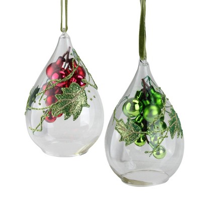 Northlight Set of 2 Grape Clusters in Teardrop Cloche Christmas Ornaments 6" - Green/Red