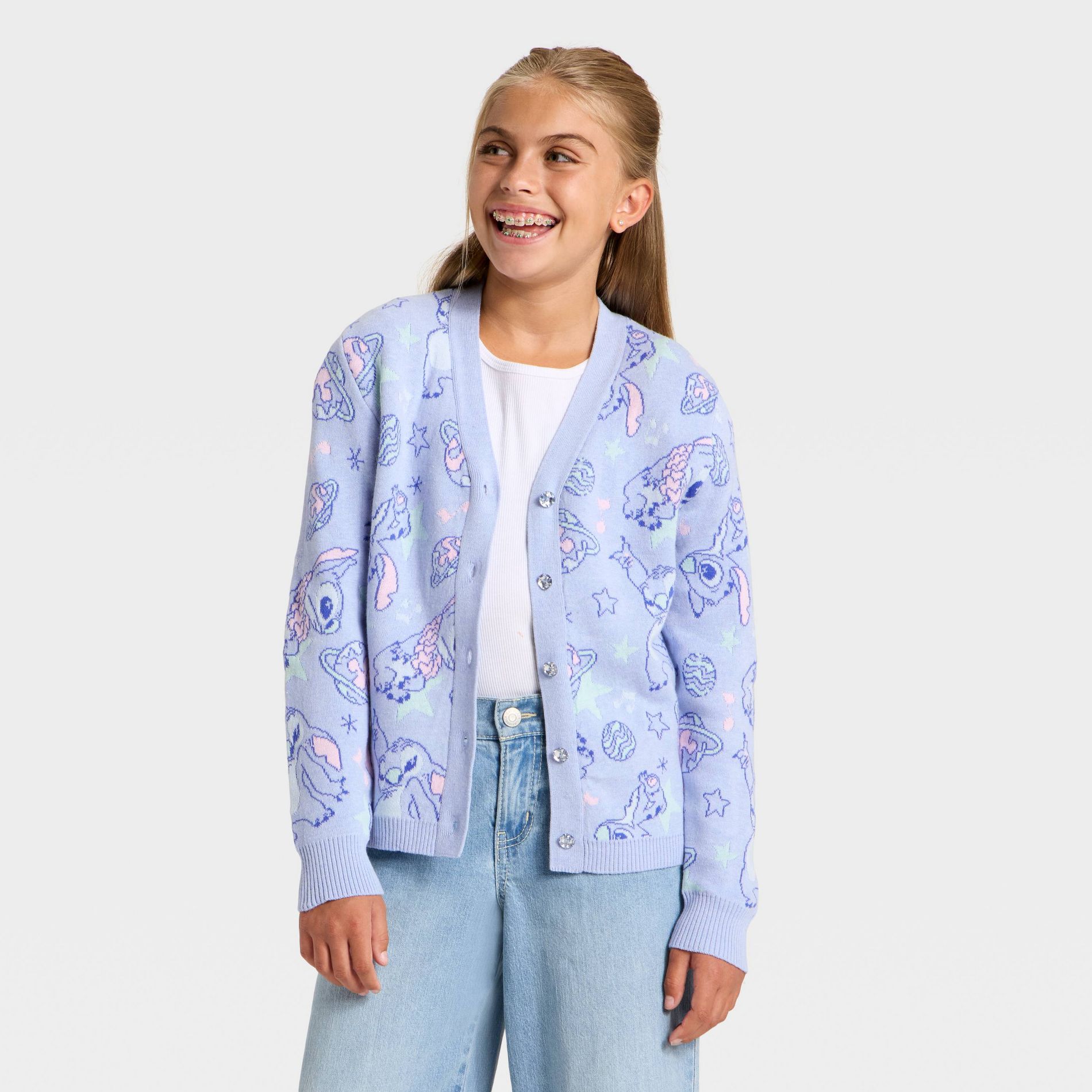 Girls' Disney Stitch Button-up Cardigan Sweater - Blue