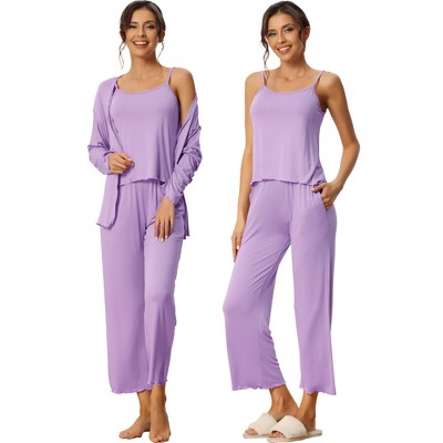 cheibear Women's 3 Pcs Modal Knit Soft Long Sleeve Cardigan Cami and Pants Pajama Set