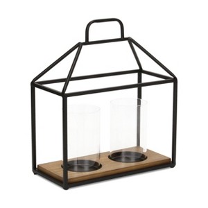 HomeRoots 15" Black Metal Glass And Wood Geometric Two Light Hurricane Candle Holder - 1 of 4