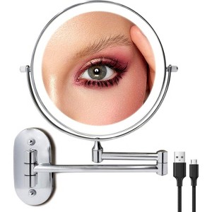 FASCINATE Rechargeable Wall Mounted Lighted Makeup Mirror 1X/10X and 3 Color Lights, 2-Sided Dimmable LED Lights, Extended Arm 360° Swivel - 1 of 4
