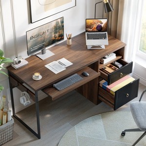 Bestier 55 Inch Office Desk with Drawers, Keyboard Tray, 2 Hooks, Modern Fluted Computer Desk for Home - 1 of 4