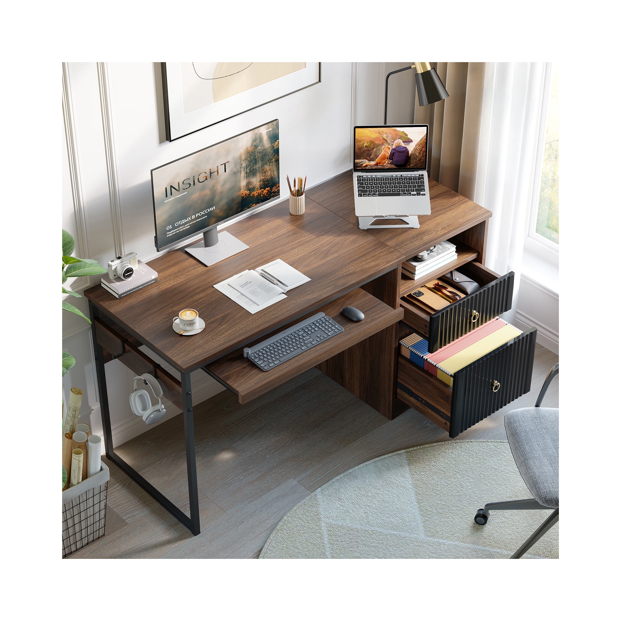 Bestier 55 Inch Office Desk with Drawers, Keyboard Tray, 2 Hooks, Modern Fluted Computer Desk for Home, Walnut
