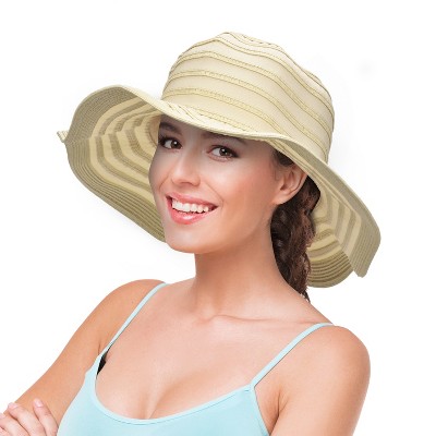 Womens Wide Brim Straw Embellished Floppy Hat, Stylish UV Sun Protection Beach Travel Hats - Tirrinia
