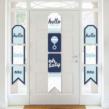 Big Dot of Happiness Hello Little One - Blue and Silver - Hanging Vertical Paper Door Banners - Boy Baby Shower Wall Decor Kit - Indoor Door Decor