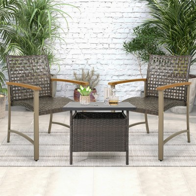 Set of 4 Mix Brown Rattan and Acacia Wood Outdoor Dining Chairs