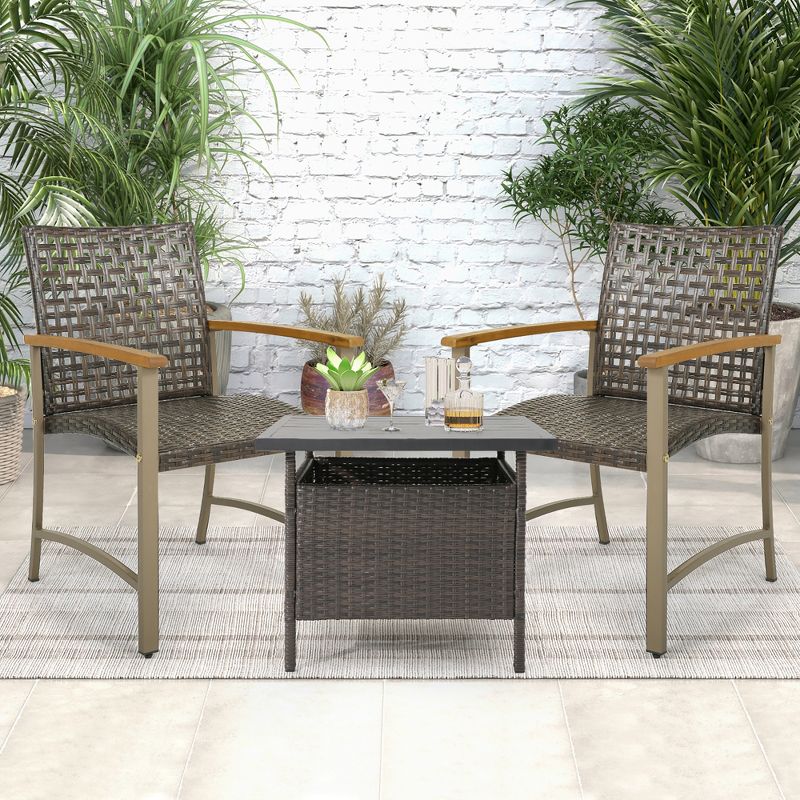 Tangkula Outdoor Rattan Chair Set of 4 Patio PE Wicker Dining Chairs w/ Acacia Wood Armrests Balcony Poolside, 5 of 11