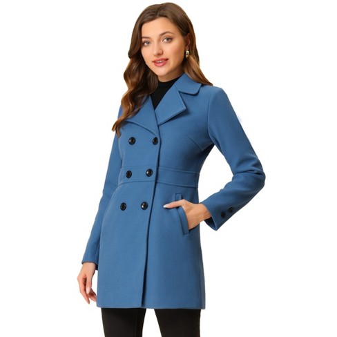 Allegra K Women's Notched Lapel Double Breasted Long Trench Coat Blue ...