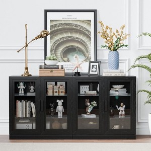 PexFix 62" W x 31" H Large Sideboard Buffet Cabinet with 4 Glass Doors 2 Adjustable Shelves for Kitchen Living/Dinning Room Bedroom Entryway Black - 1 of 4