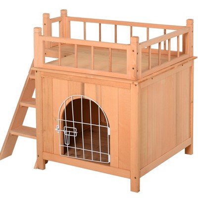 Natural Wood 2-Level Outdoor Cat House with Balcony