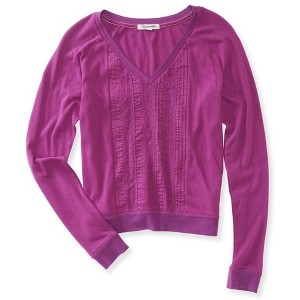Aeropostale Womens Solid Ls Lattice Front Embellished T-Shirt - 1 of 1
