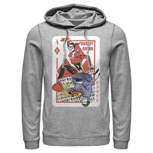 Men s Batman Harley Quinn Joker Poker Card Pull Over Hoodie Athletic Heather Medium