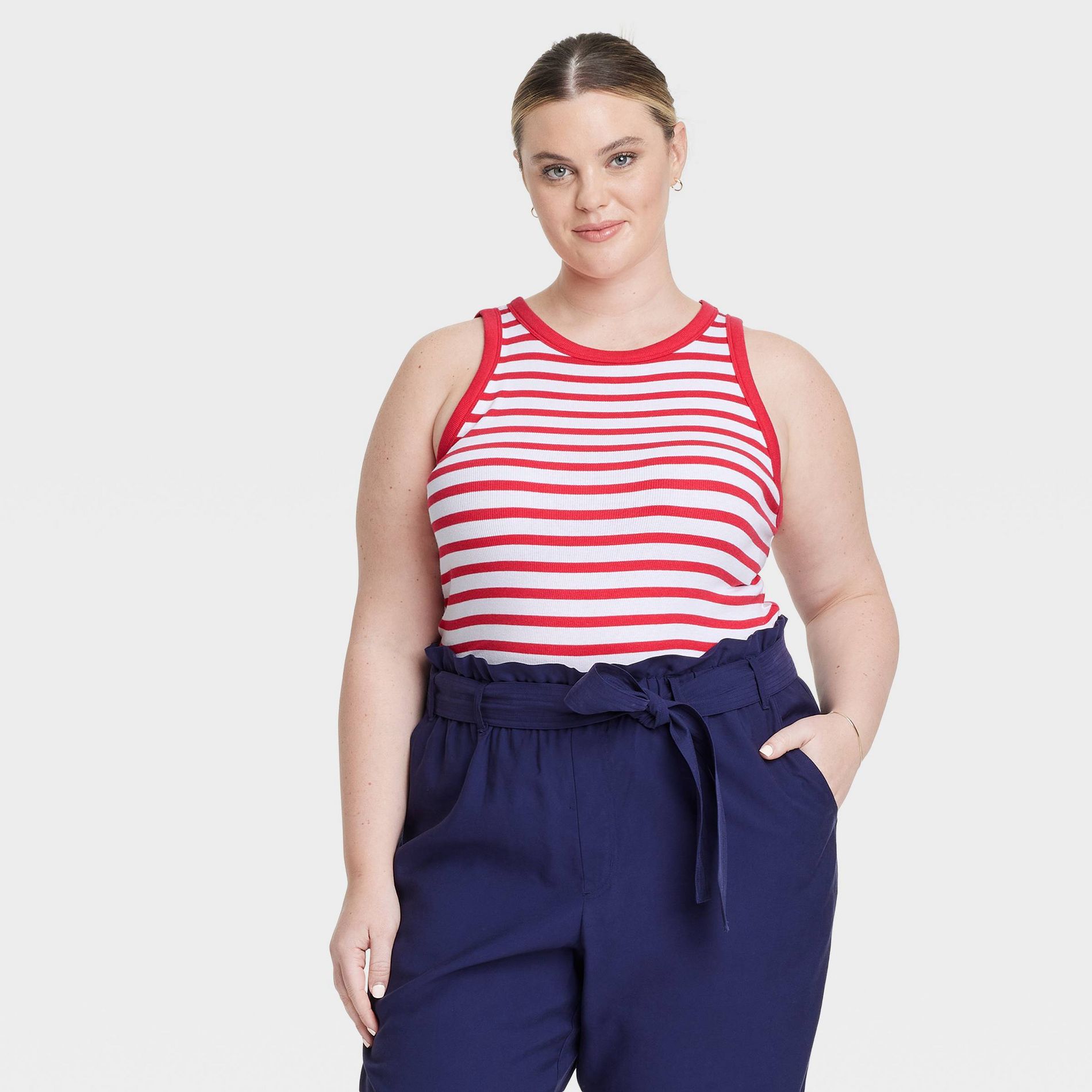 Women's Slim Fit Ribbed Tank Top - A New Day™ Red/White Striped M: Cotton Modal Blend, Crew Neck, Sleeveless Pullover