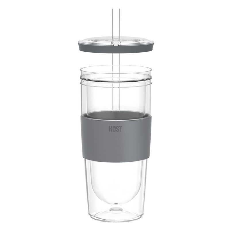 HOST Straw and Lid Plastic Double Wall Insulated Freezable Drink Chilling Tumbler Glasses, 16 oz, Grey, 6 of 13