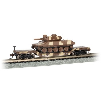 Bachmann Trains 71387 N Scale 1:160 Center Depressed Flat Car with Sheridan Tank with Blackened Metal Wheels and E-Z Mate Couplers, Desert Camo