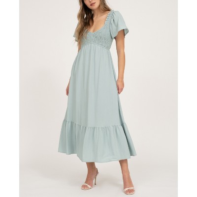 Sage Green Empire Waist Midi Dress with Flutter Sleeves