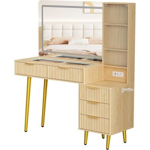 48" Fluted Makeup Vanity Desk with Mirror and Lights, Modern Makeup Table with 36" Lighted Mirror, Vanity Desk with 5 Drawers - 1 of 4