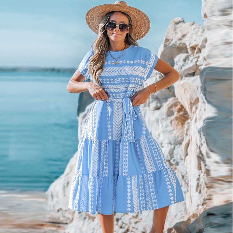 Women's Blue and White Geometric Patchwork Midi Dress -Cupshe, 4 of 12