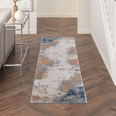 Elysian Grey-Blue Abstract Synthetic 26" Modern Runner Rug