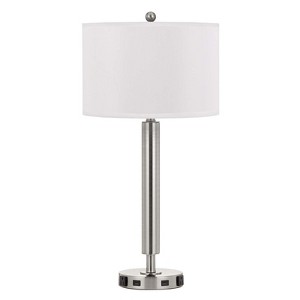 HomeRoots 30" Nickel Metal Cylinder USB Table Lamp With White Drum Shade - 1 of 3