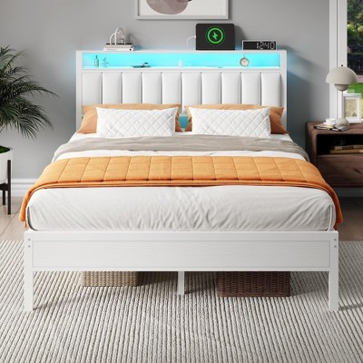 Furnulem White Queen Bed Frame with Charging Station Led Lights Pu Leather Upholstered Headboard W/ 2-Tier Storage Shelves No Box Spring Needed