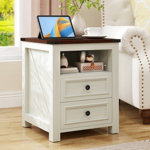 Dyonery 18” Farmhouse Nightstand with Charging Station,End Table with 2 Drawers, Side Table for Living Room ,White - 1 of 4