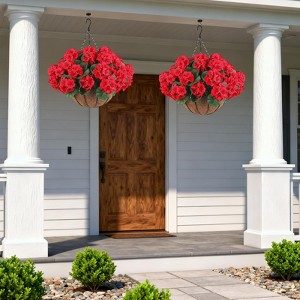 2 Set Artificial Geranium Flowers for Outdoors with Hanging Baskets, Hanging Planters with 12Pcs Flowers for Christmas Front Porch - 1 of 4