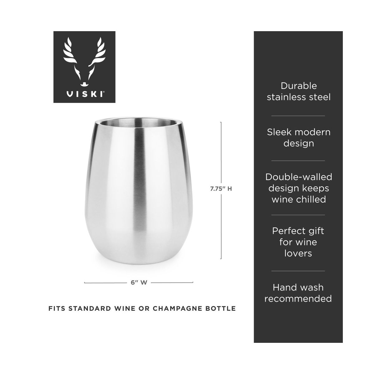 Viski Single Bottle Chiller for Wines, Champagnes, Double Walled Bottle Cooler, Stainless Steel, Fits Standard Size Bottle, Gifts for Wine Lovers - thumbnail 3