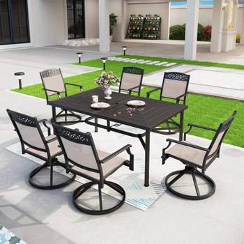 7pc Outdoor Dining Set with Swivel Sling Chairs & Large Metal Rectangle Table with Umbrella Hole - Captiva Designs