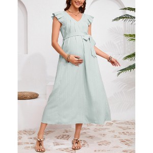 Maternity Dress Summer Ruffle Cap Sleeve V Neck Pleated Belted Midi Dress Baby Shower Photoshoot - 1 of 4