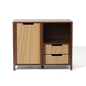 LuxenHome Walnut Finish Storage Cabinet with Rope Drawer Front, 1 Door, 2 Drawers, MDF Wood Brown - 1 of 4