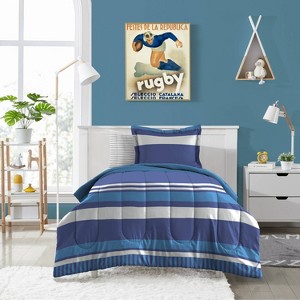 Twin Rugby Striped Kids' Bed in a Bag Blue - Dream Factory: Twin Bedding Set, Microfiber, 5-Piece, Machine Washable - 1 of 4