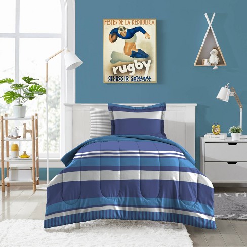 blue and brown striped bedroom