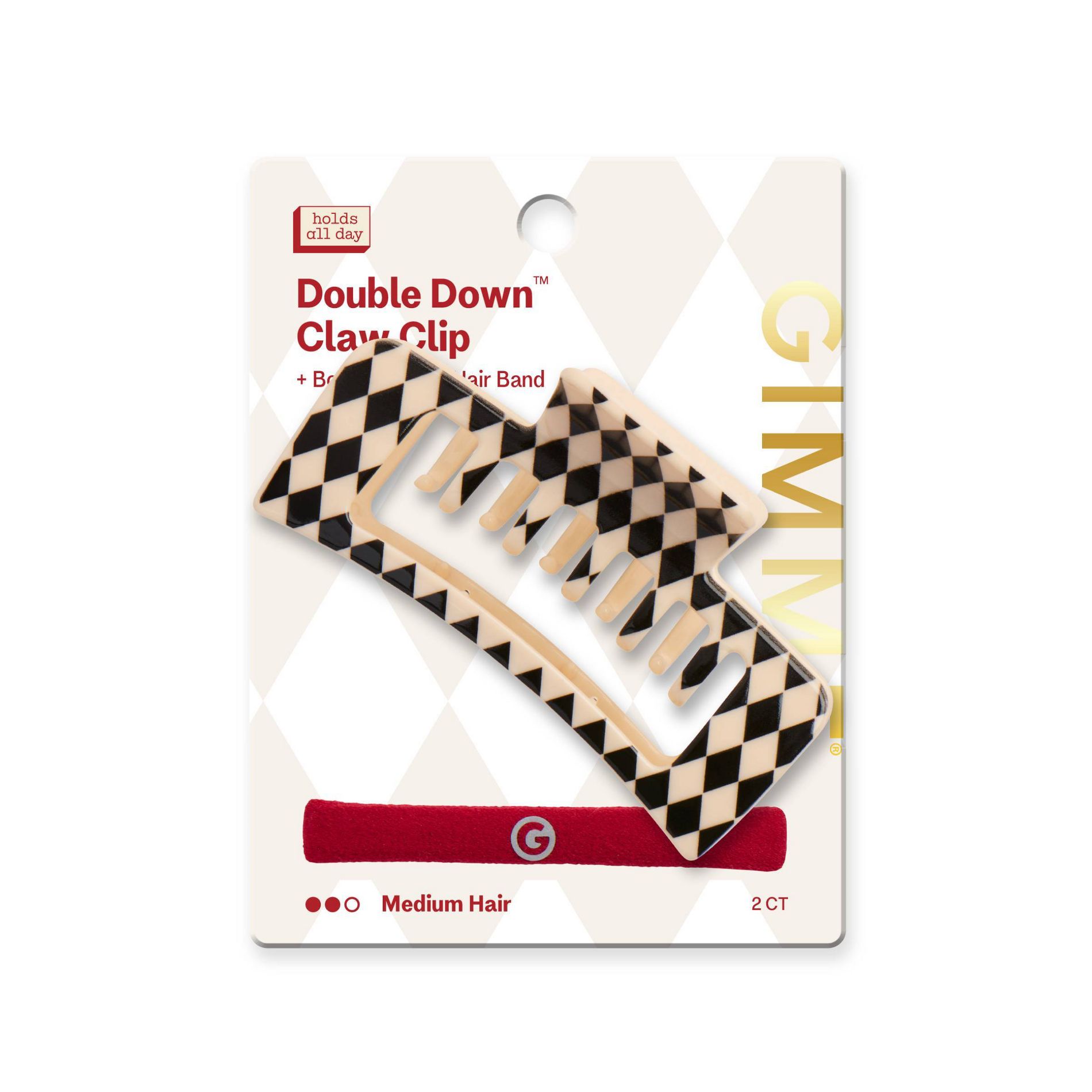 Gimme Beauty Double Down Claw Clip + Bounce Back Hair Band Duo for Medium Hair - Black + White/Red - 2ct