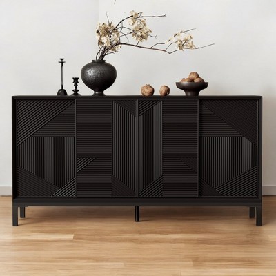 Modern Geometric Accent Cabinet,Vertical Striped Design with Sliding Doors,Wood Veneer Top and Ample Storage with Two Drawers -Black